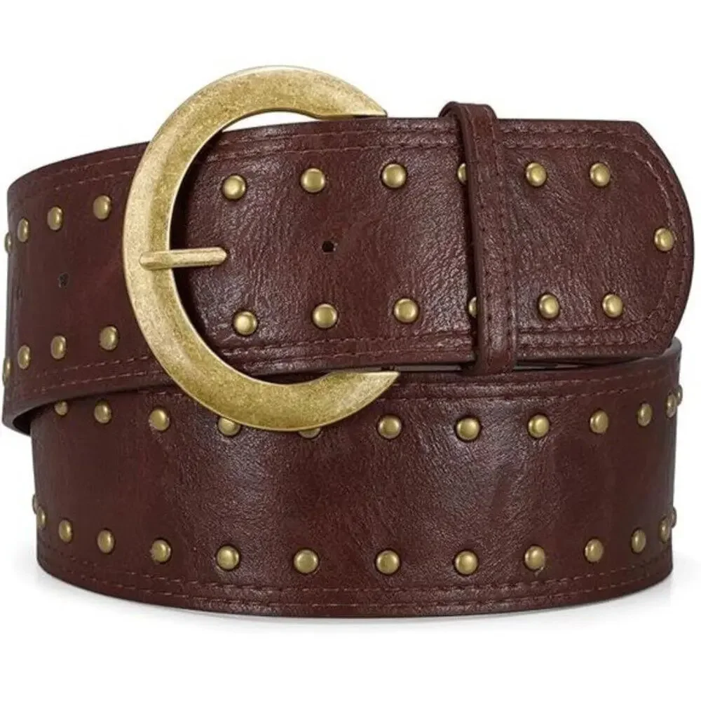 Wide Chunky Studded Brown Leather Vintage Style Waist Belt with Brass Buckle